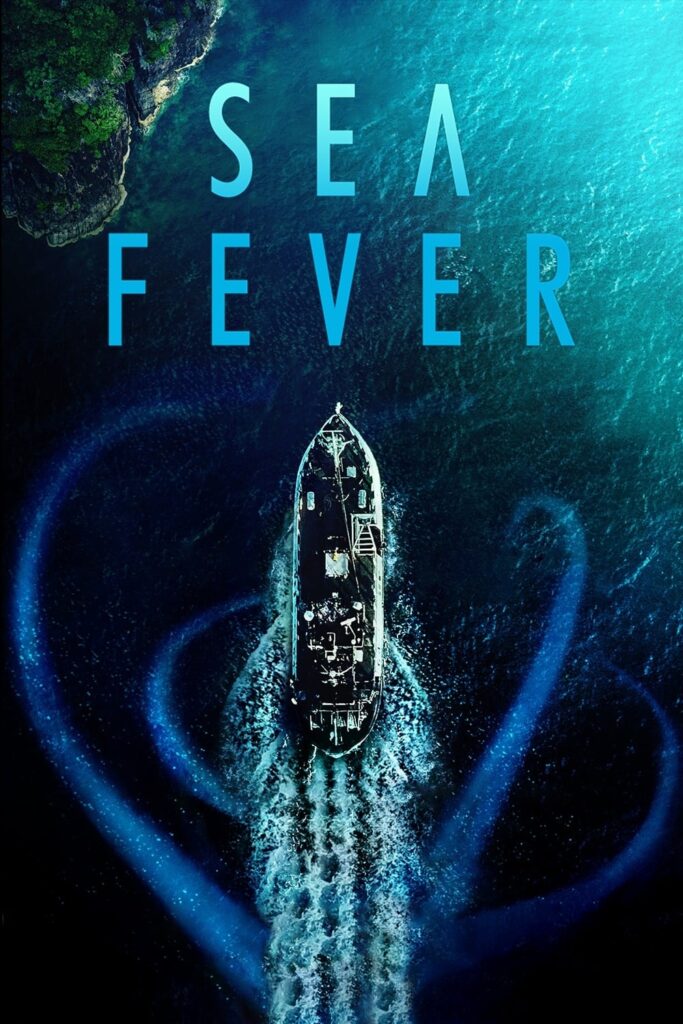 Blue text read Sea Fever, octopus arms spread across the ocean as a boat sails above.
