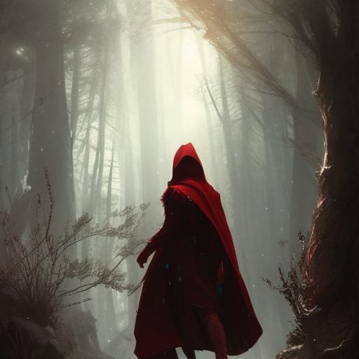 Bipedal wolf in Red Riding Hood's cloak