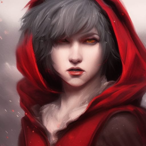 Bipedal wolf in Red Riding Hood's cloak close up portrait