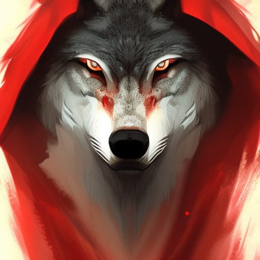 Bipedal wolf in red cloak close up portrait