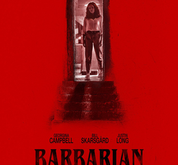 Red background. At the top center a women enters through a door, casting a shadow that resembles stairs. Below reads "Barbarian."