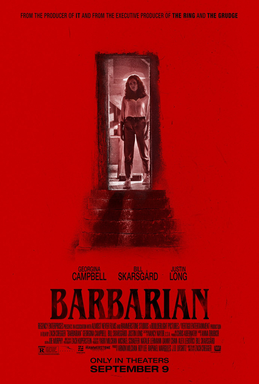 Red background. At the top center a women enters through a door, casting a shadow that resembles stairs. Below reads "Barbarian."