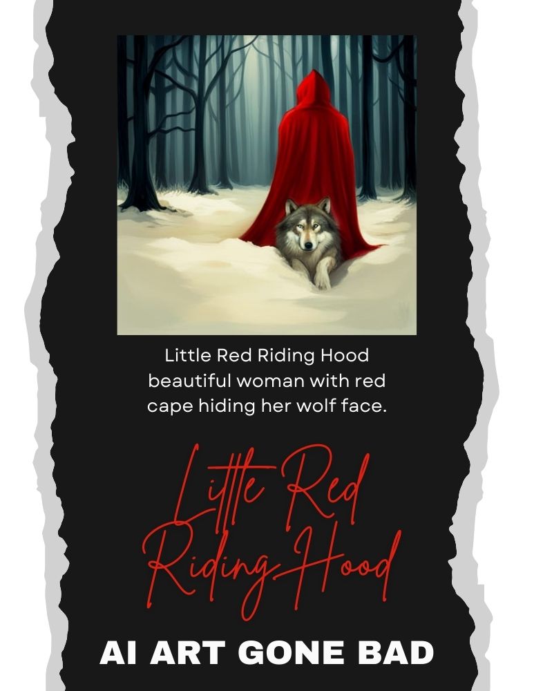 Little Red Riding Hood beautiful woman with red cape hiding her wolf face.  Sinister style, July 29, 2023