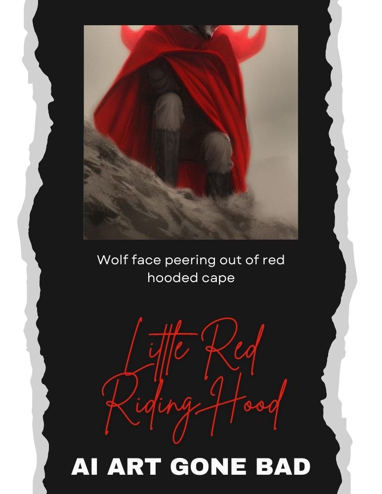 Wolf face peering out of red hooded cape, Sinister style, Aug. 1, 2023