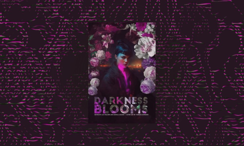 The words Darkness Blooms on a floral background with a woman standing looking at the viewer