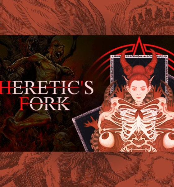 Text Heretic's Fork next to a demon woman with Hell imagery around her