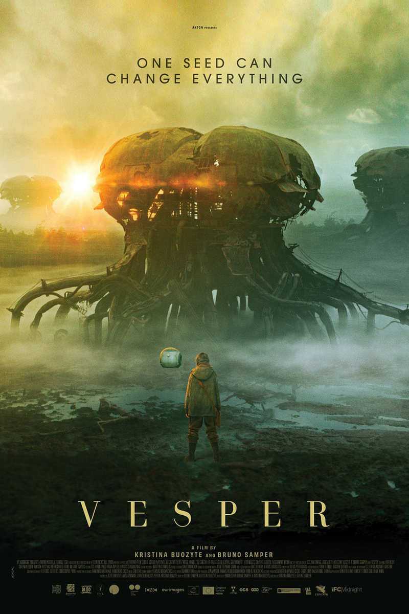 A girl stands before a strange octopus like machine with an orange glow to it's head. Above is written: One Seed Can Change Everything." Below reads "Vesper"