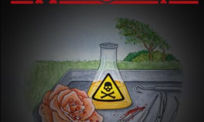 We see a silver tray with bloody surgical instruments, a pink rose and a bottle of yellow poison. In the background we see a tree.