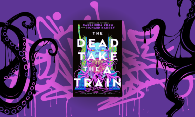 The cover of The Dead Take the A Train by Cassandra Khaw and Richard Kadrey with black oozing tentacles and pink graffiti in the background