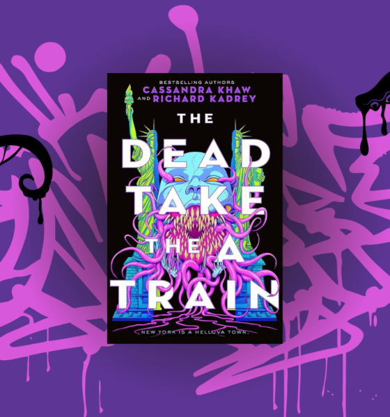 The cover of The Dead Take the A Train by Cassandra Khaw and Richard Kadrey with black oozing tentacles and pink graffiti in the background