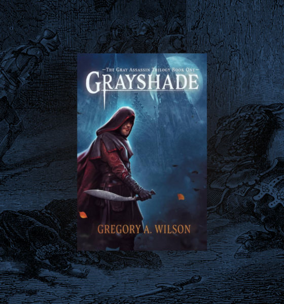 Cover for the book Grayshade by Gregory A Wilson which shows a man in a hood with a knife on a rooftop