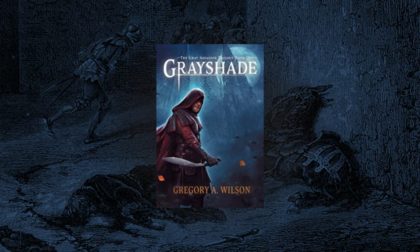 Cover for the book Grayshade by Gregory A Wilson which shows a man in a hood with a knife on a rooftop