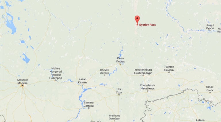 Geographic map of the Dyatlov Pass location, marked in red.