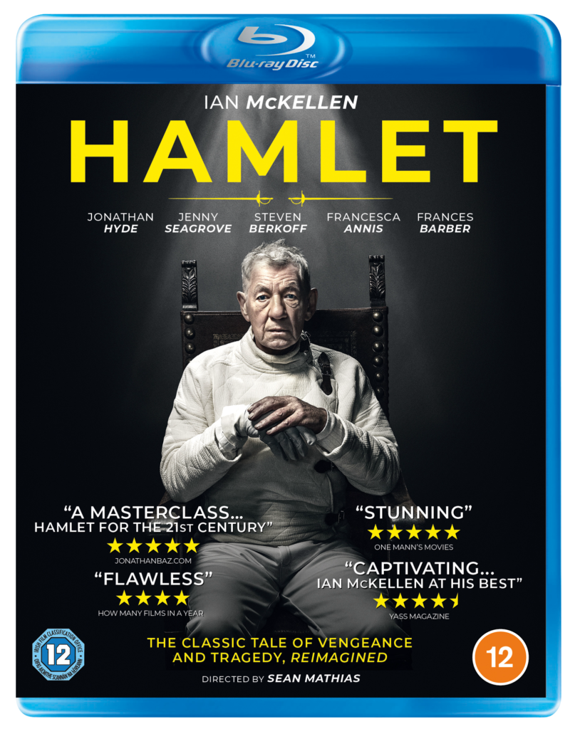 Ian McKellen dressed in a white fencing outfit with the title Hamlet