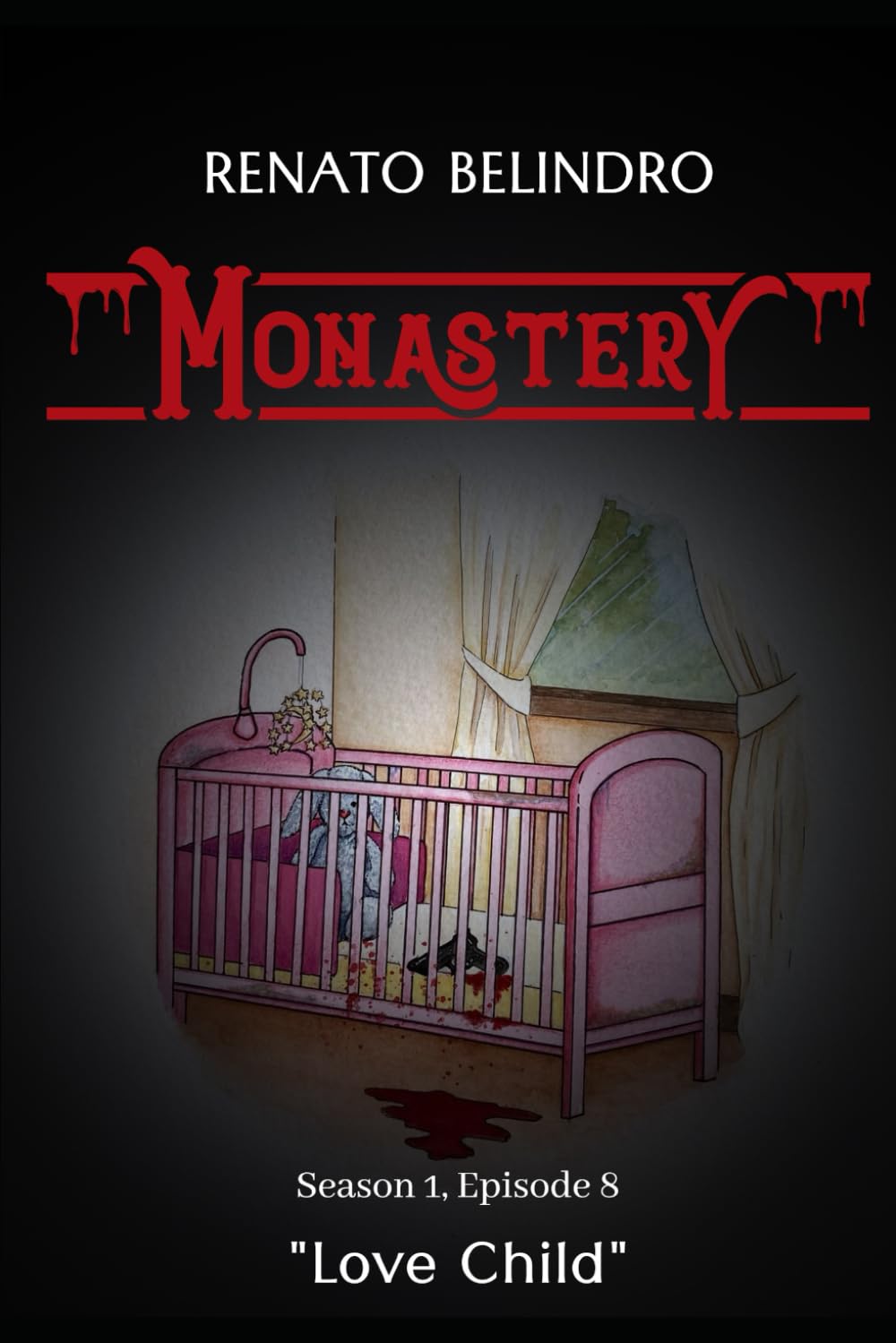 We see a pink crib with childrens' toys inside. There is blood on the crib. We see Monastery in red font above it.