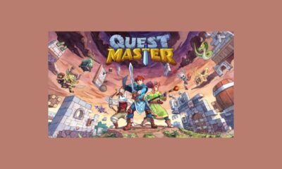 Title card for Quest Master showing three heroes with weapons and the words questmaster