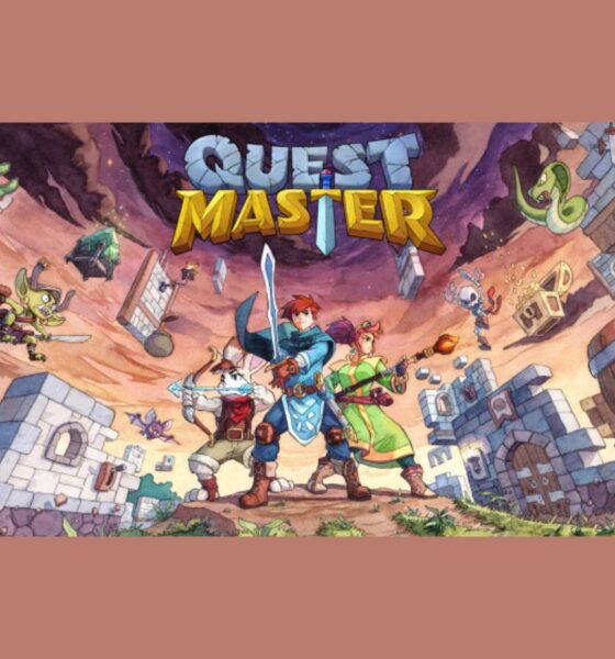 Title card for Quest Master showing three heroes with weapons and the words questmaster