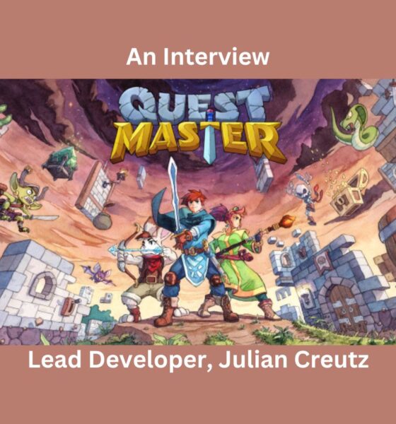 Title card for Quest Master showing three heroes with weapons and the words interview with lead developer julian creutz