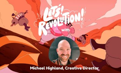 Headshot of a white bald middle-aged man backed by a colorful cartoon fight scene and the words Let's! Revolution! with Michael Highland, Creative Director
