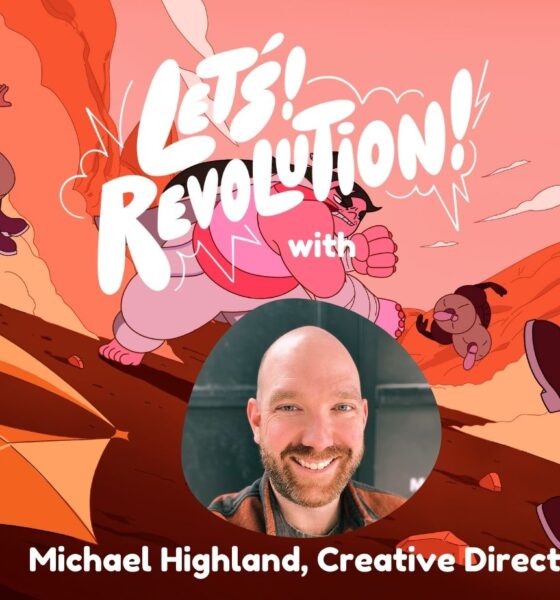 Headshot of a white bald middle-aged man backed by a colorful cartoon fight scene and the words Let's! Revolution! with Michael Highland, Creative Director