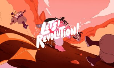 cartoon people fighting over the words "Let's! Revolution!"