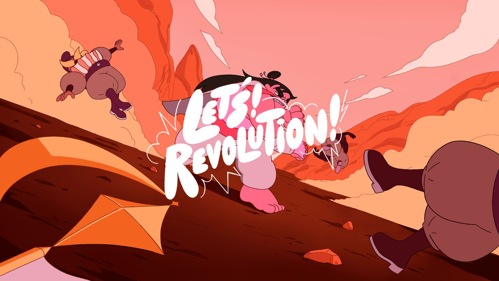 cartoon people fighting over the words "Let's! Revolution!"