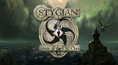 A green environment overlooking an ominous sea. The icon reads Stygian: Reign of the Old Gods with an eye and tentacles.