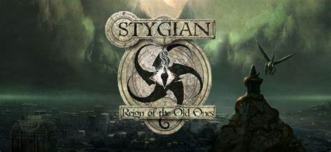 A green environment overlooking an ominous sea. The icon reads Stygian: Reign of the Old Gods with an eye and tentacles.