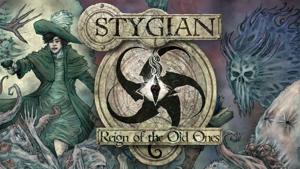 The eye icon with tentacles reads Stygian: Reign of the Old Gods. To the left hand side is a woman in a 1920s dress. To the right is a blue abomination.