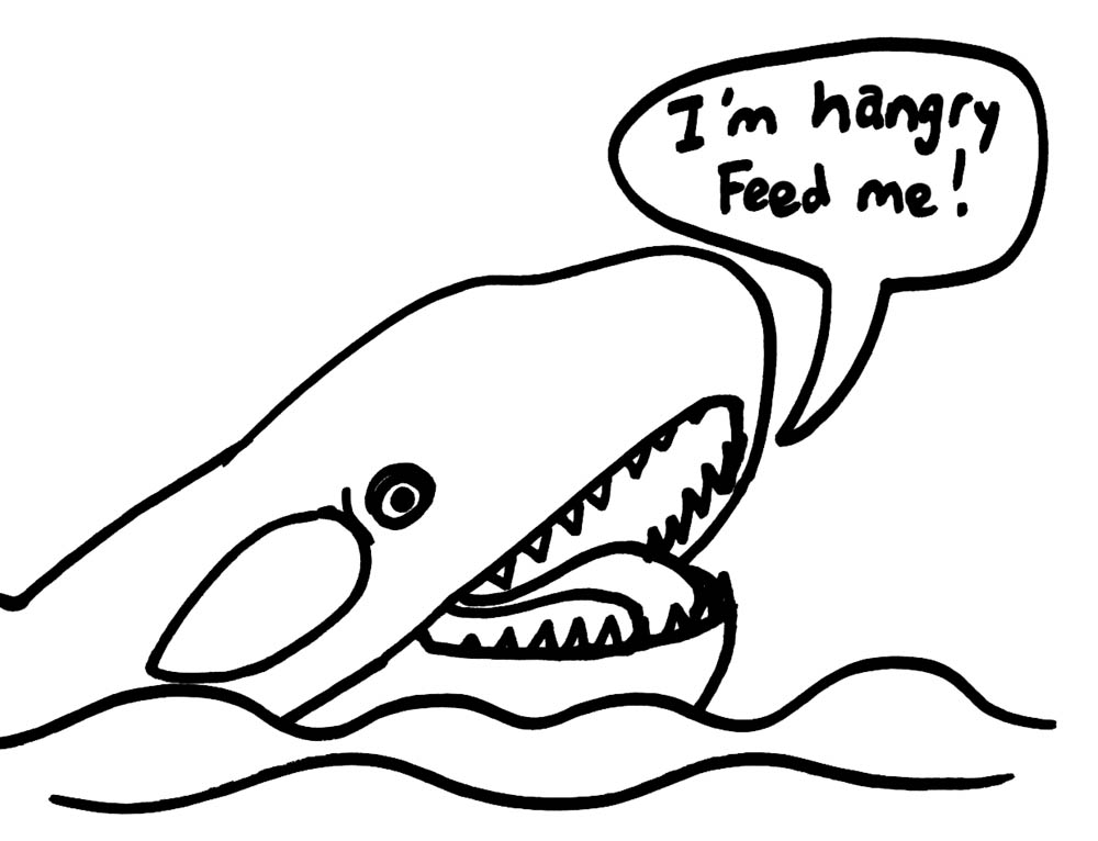 Orca drawing by Jennifer Weigel with speech bubble "I'm hangry Feed me!" and caption Well, what are you waiting for?