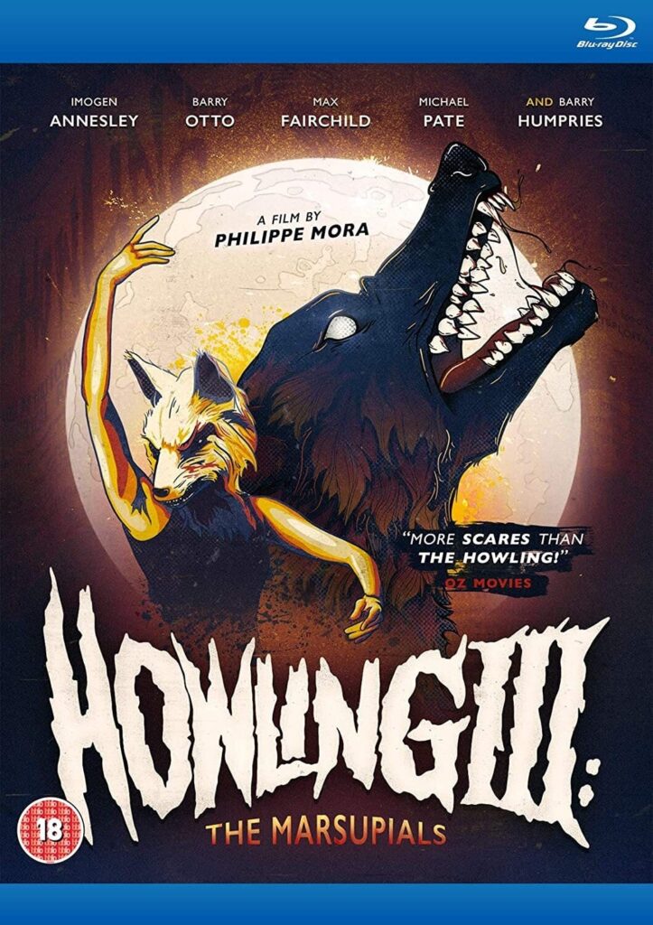 A moon highlights a horrendous wolf, a person dances with a wolf mask. Howling III is written in white underneath, "The Marsupials" holds the bottom