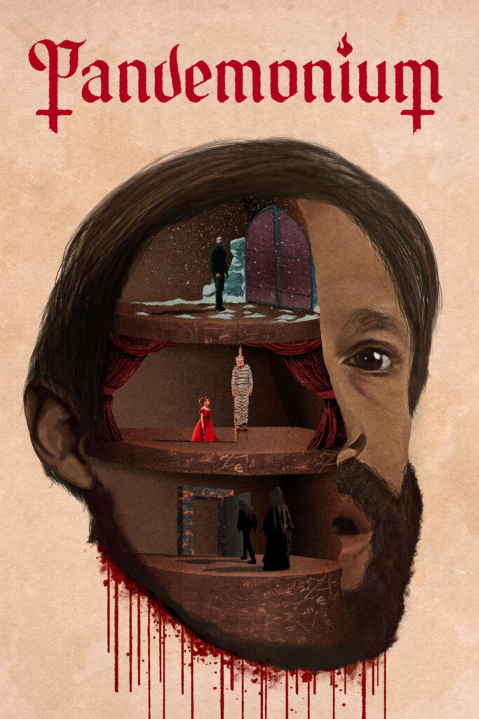 Pandemonium cover art with a man's head cut in half to show three different scenes - the first by a snowy cliff front, the second a little girl and someone being hanged, and the third a Hellish door with a man walking in with a dark figure watching him. Blood drips from his head.