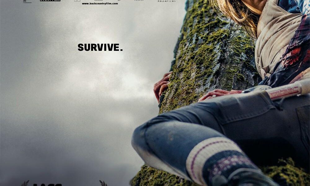 A woman climbs up a tree. Backcountry written in black beside her. Below reads Survive.