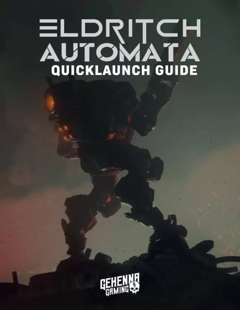 Eldritch Automata quicklaunch guide with a sinister looking mech warrior on the cover