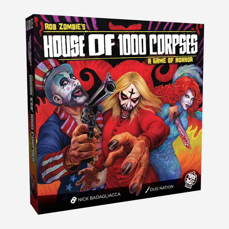 Rob Zombie's House of 1000 Corpses a game of horror. Cover had three evil looking people one of them a clown in a top hat and the other looks like amanda turd, with the middle one looking with a hand reaching out to grab you...spooky!