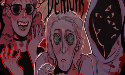 Streamin' Demons with three demon looking people eating popcorn watching TV