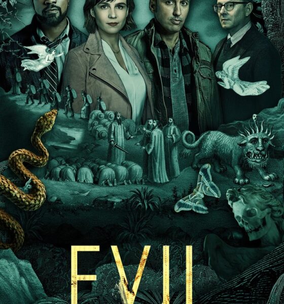 Three men and one woman are surrounded by strange monsters and snakes. Below all this reads Evil