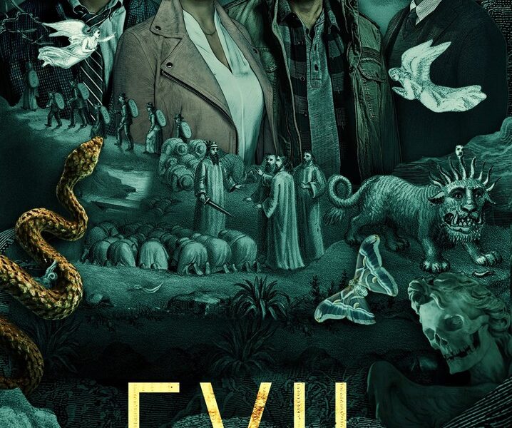 Three men and one woman are surrounded by strange monsters and snakes. Below all this reads Evil