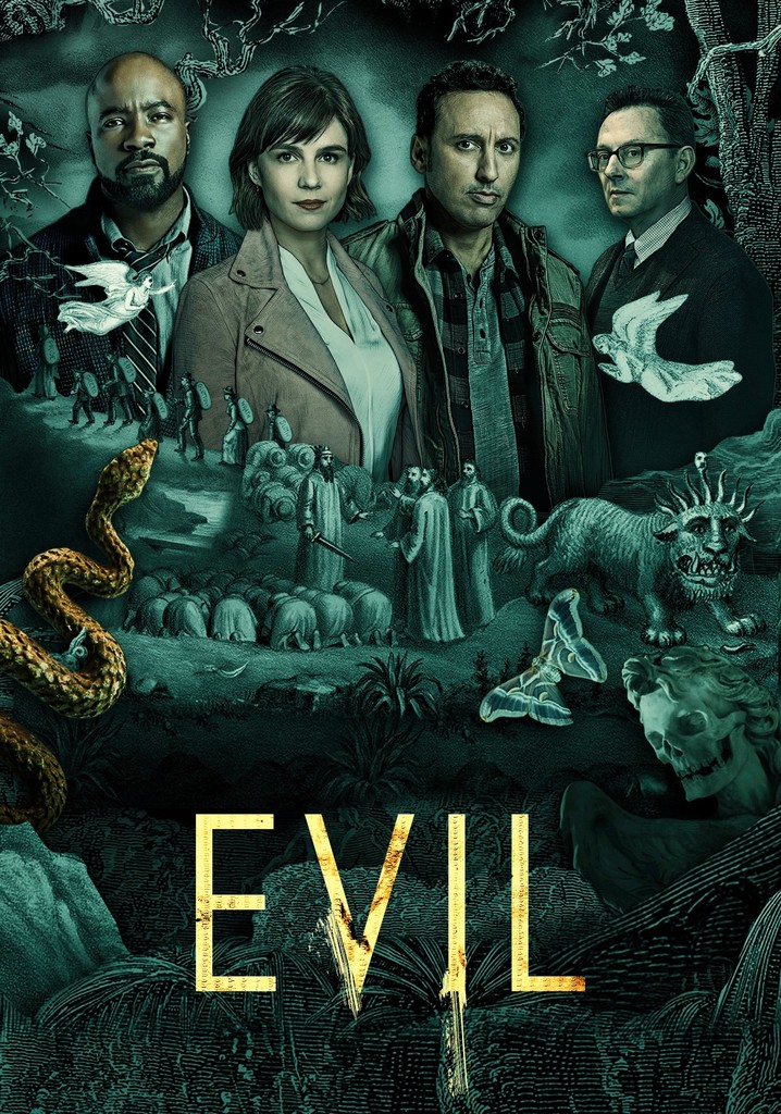 Three men and one woman are surrounded by strange monsters and snakes. Below all this reads Evil