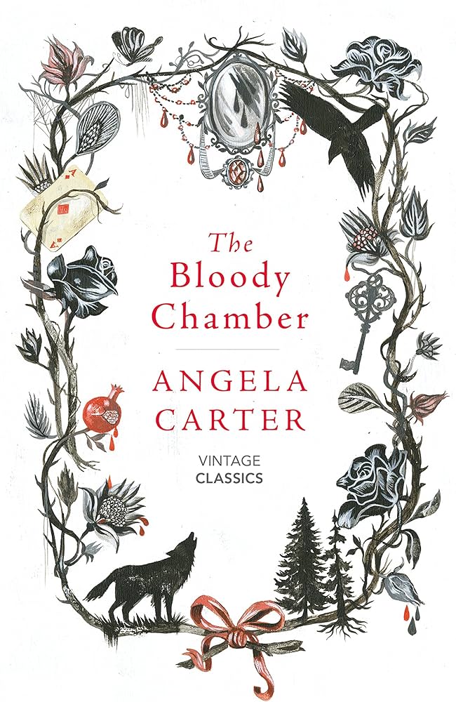 The Bloody Chamber by Angela Carter book cover. Circle of branches with mirrors, roses and feathers. Crow and wolf.