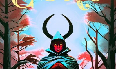 The cover for The Devil's Gunt: a drawing of a pregnant devil with red skin, horns, and a hooded cloak standing in front of a forest of red and blue trees. The title is written in yellow letters across the top.