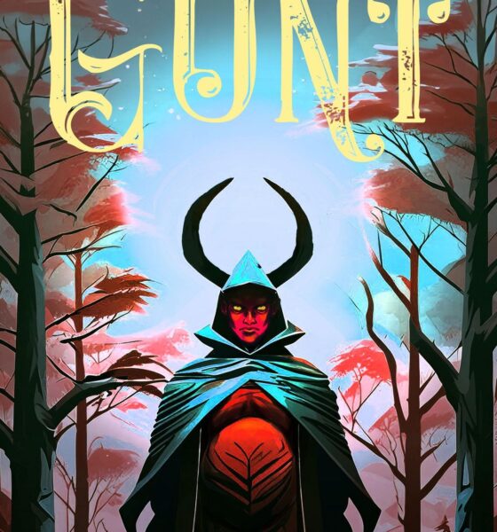 The cover for The Devil's Gunt: a drawing of a pregnant devil with red skin, horns, and a hooded cloak standing in front of a forest of red and blue trees. The title is written in yellow letters across the top.