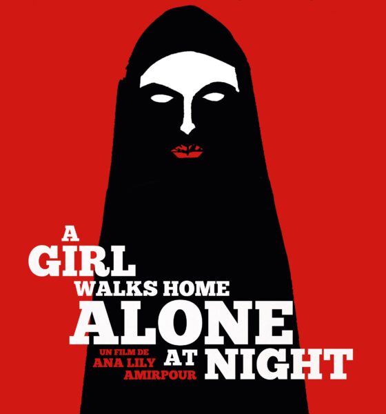 A red background reveals a woman in black. Her face is white and lips are red. The title reads "A Girl Walks Home Alone At Night"