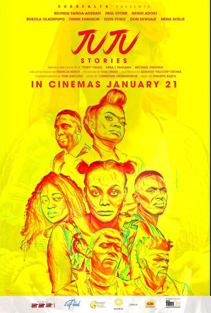 A yellow background behind sketched faces. In red reads "Juju Stories."