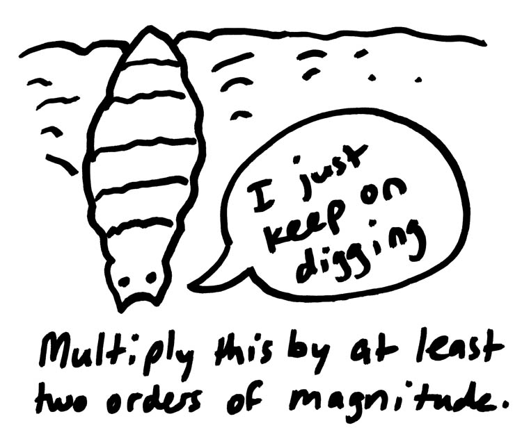 Too many maggots...  Showing one is maddening enough.  One screwfly larva with text bubble "I just keep on digging" and caption Multiply this by at least two orders of magnitude (regarding quantity not size).