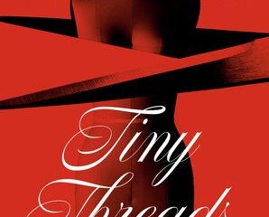 Tiny Threads book cover. Red background and lighting over deeper red and black formed dress.