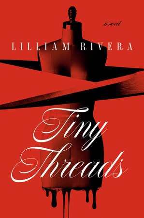 Tiny Threads book cover. Red background and lighting over deeper red and black formed dress.