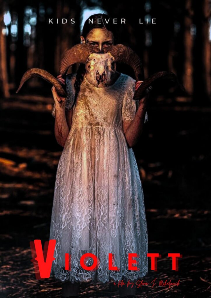 Girl holds up a sheep skull. Her dress is splattered with blood. Behind her is a forest. Written in red below her reads "Violett"