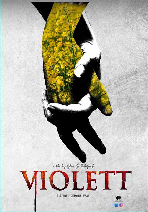 A shadowed hand and a hand made of yellow flowers hold onto each other. Below reads Violett in red.