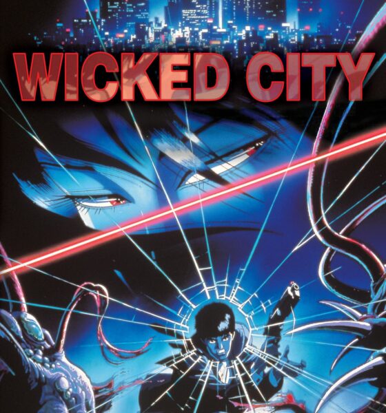 A city rests on the top of a red "Wicked City." Below, a woman stares to the side. Below her is a man with a gun, broken glass fragmenting his body as monsters attack from all angles.